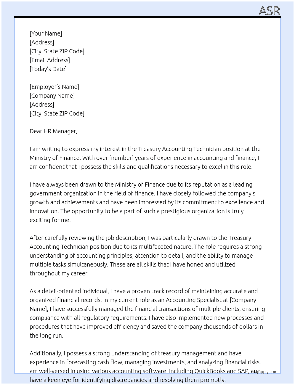 Treasury Accounting Technician At Ministry of Finance Cover Letter