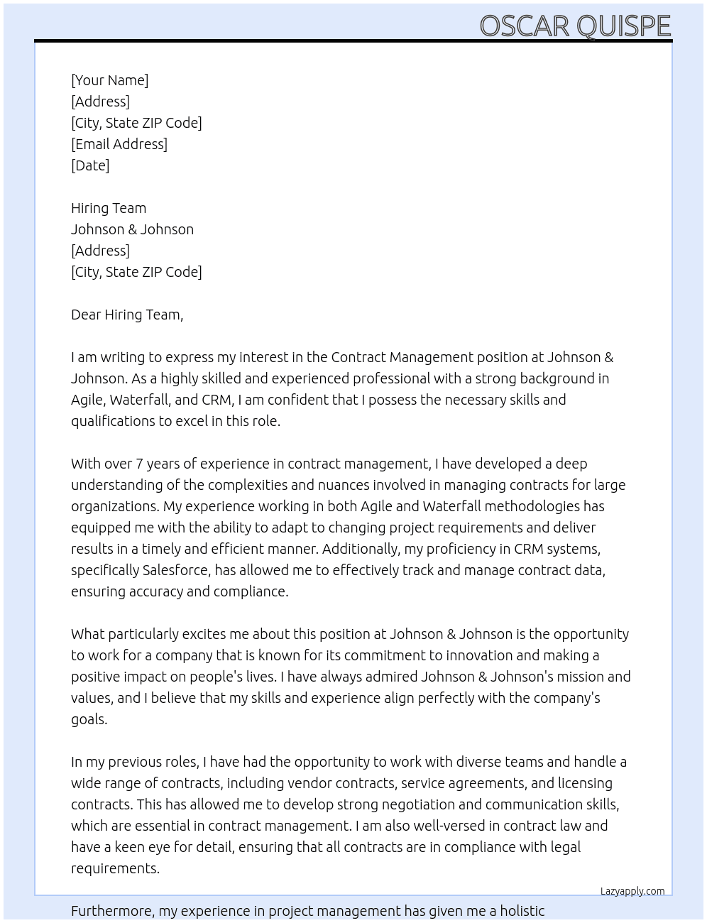 Contract Management At Johnson & Johnson Cover Letter