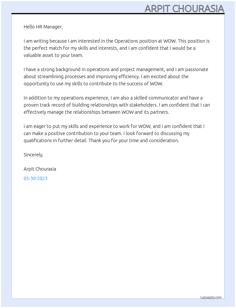 OPERATIONS At WOW Cover Letter
