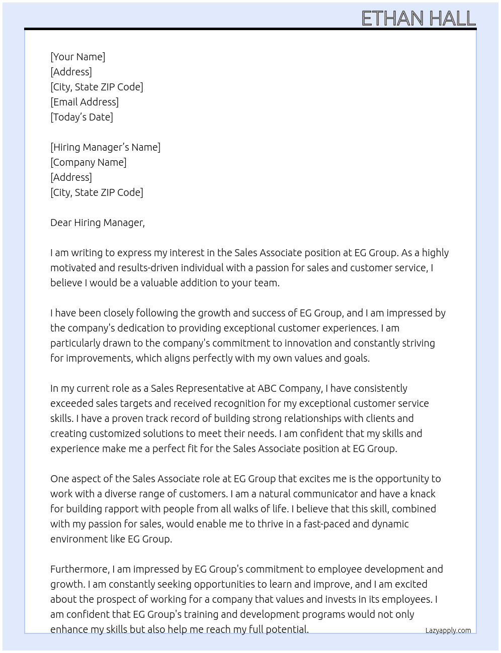 Sales Associate At EG Group Cover Letter