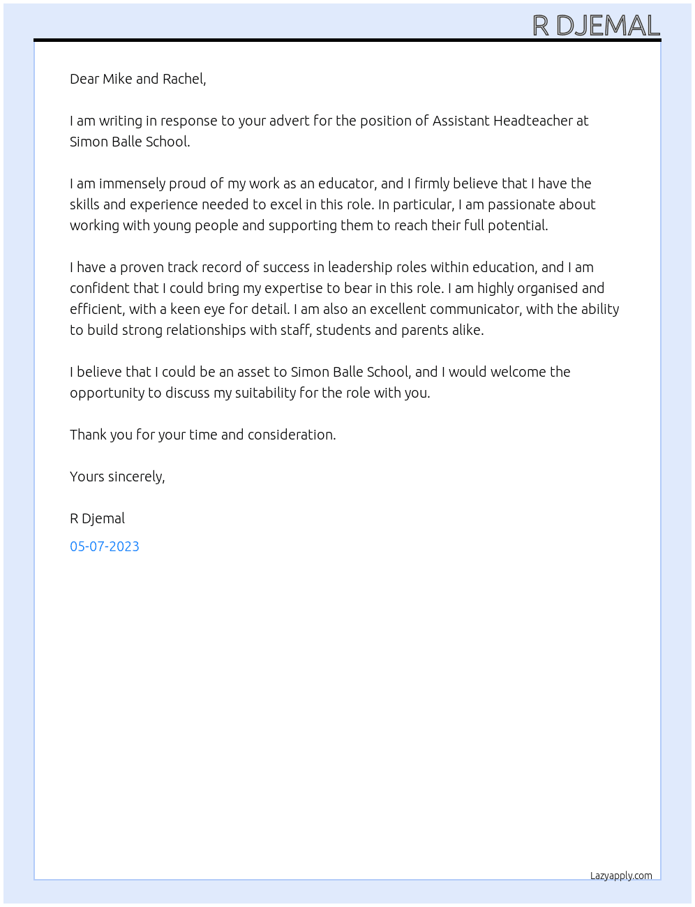 Assistant Headteacher At Simon Balle School Cover Letter