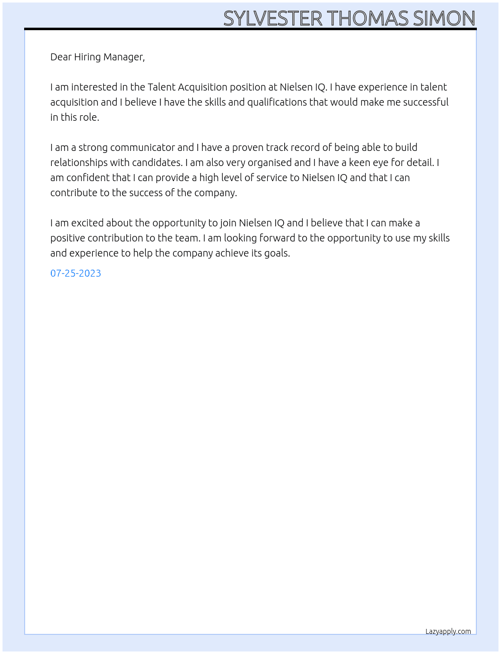 Talent Acquisition At Nielsen IQ Cover Letter