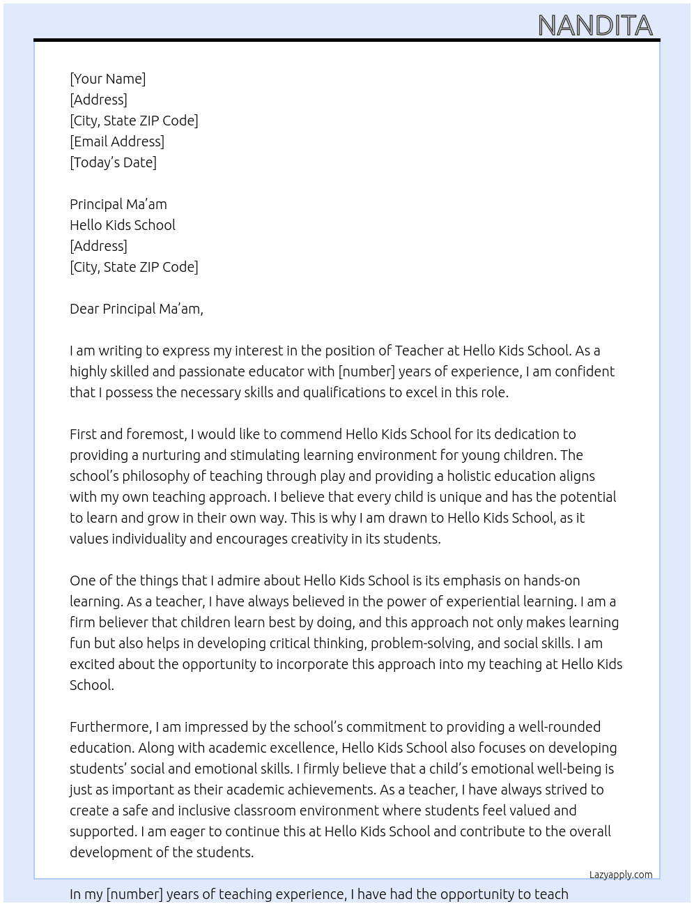 Teacher  At Hello Kids School  Cover Letter