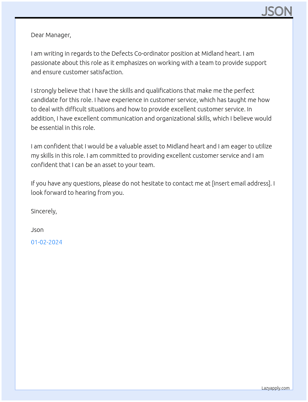 Defects Co-ordinator At Midland heart Cover Letter