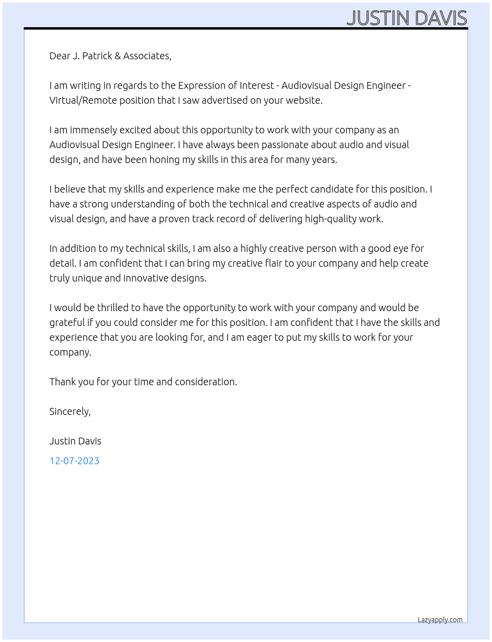 EXPRESSION OF INTEREST - AUDIOVISUAL DESIGN ENGINEER - VIRTUAL/REMOTE - JACKSONVILLE At J. Patrick & Associates Cover Letter