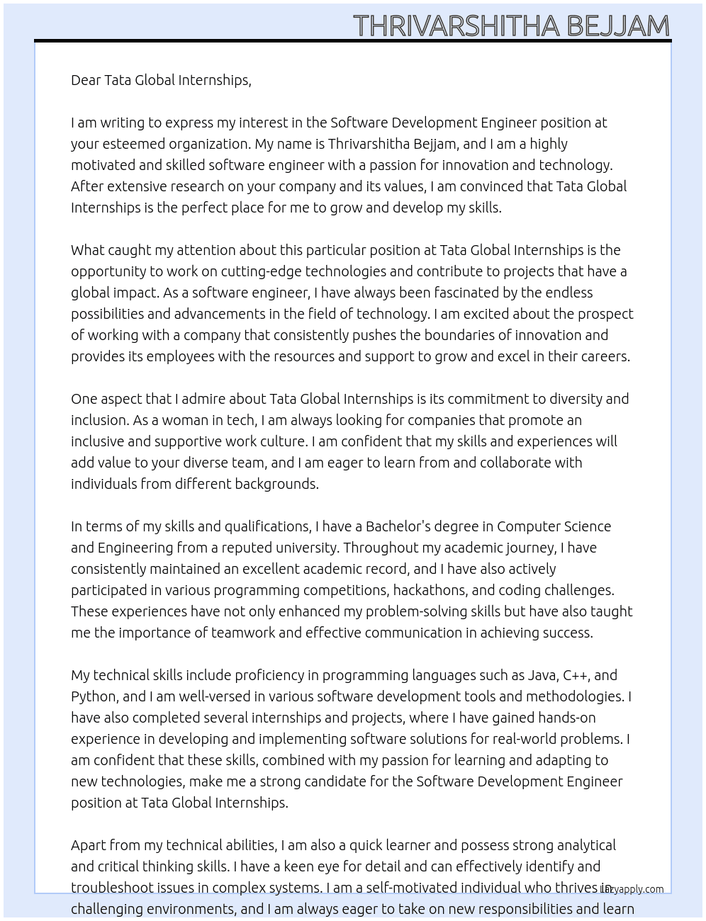 software development engineer At Tata Global Internships Cover Letter