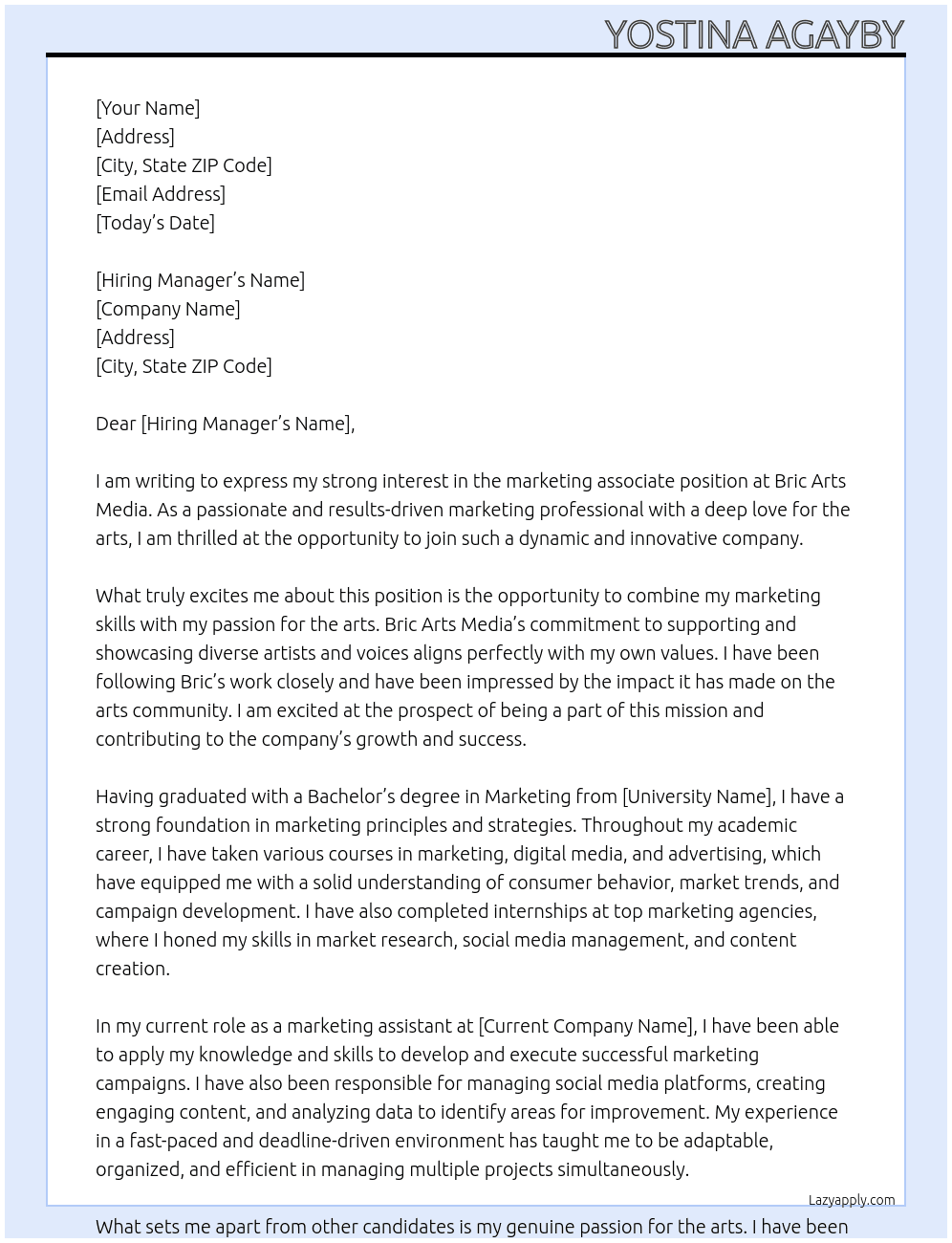 marketing associate At Bric Arts Media Cover Letter