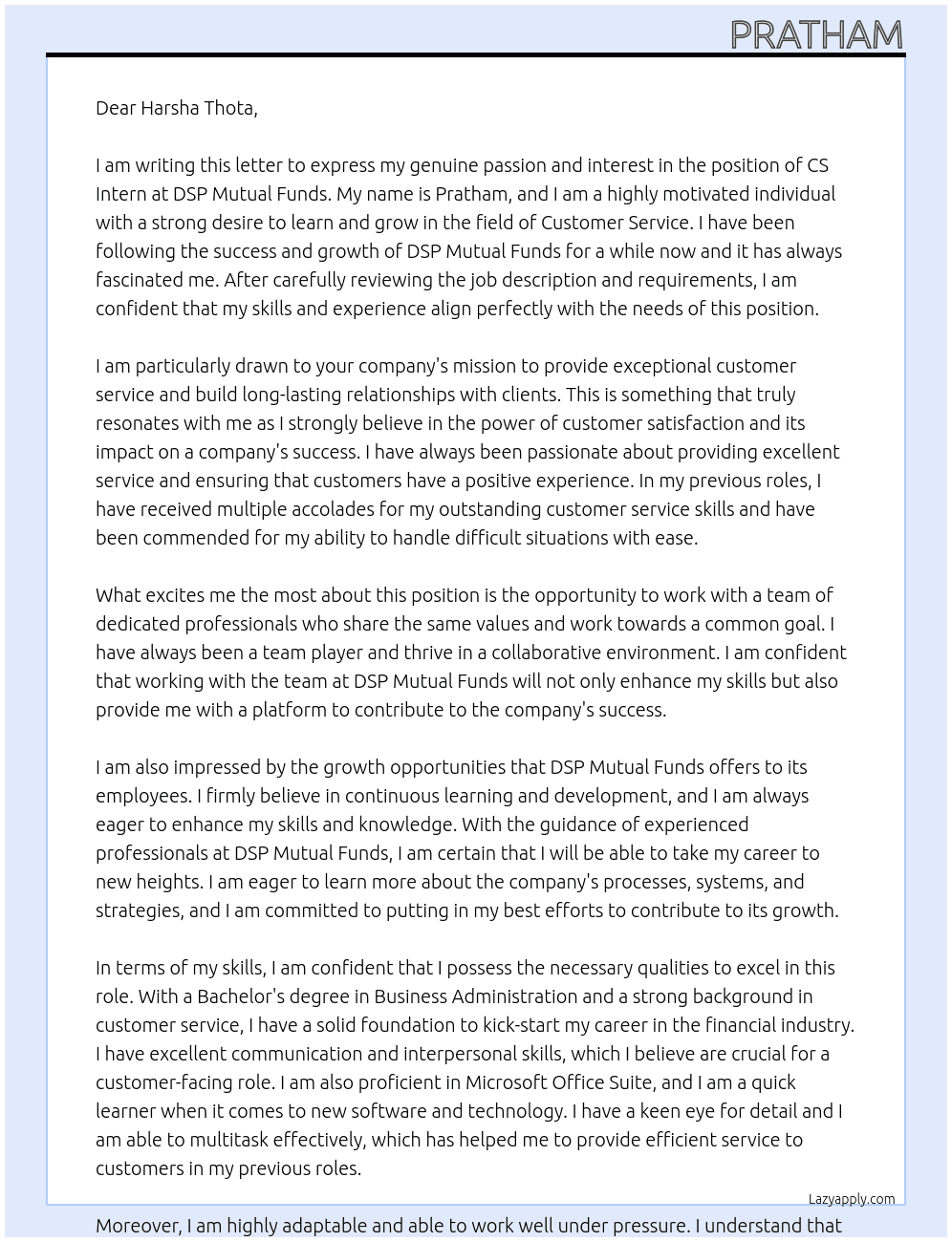 Cs Intern At DSP Mutual Funds Cover Letter