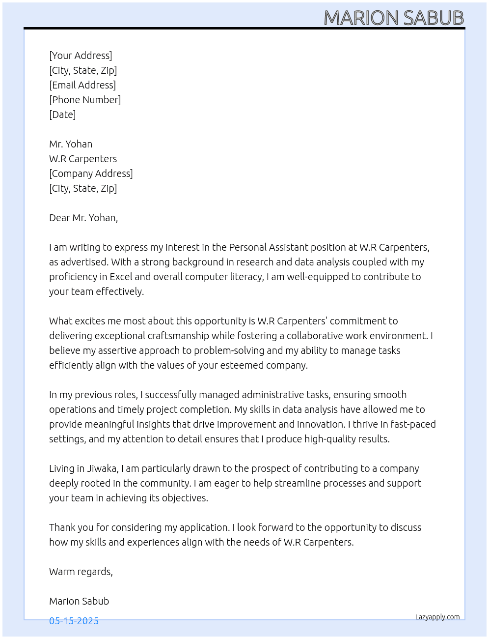 Personal Assistant At W.R Carpenters Cover Letter