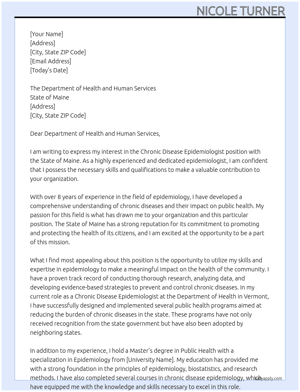 Chronic Disease Epidemiologist At State of Maine Cover Letter