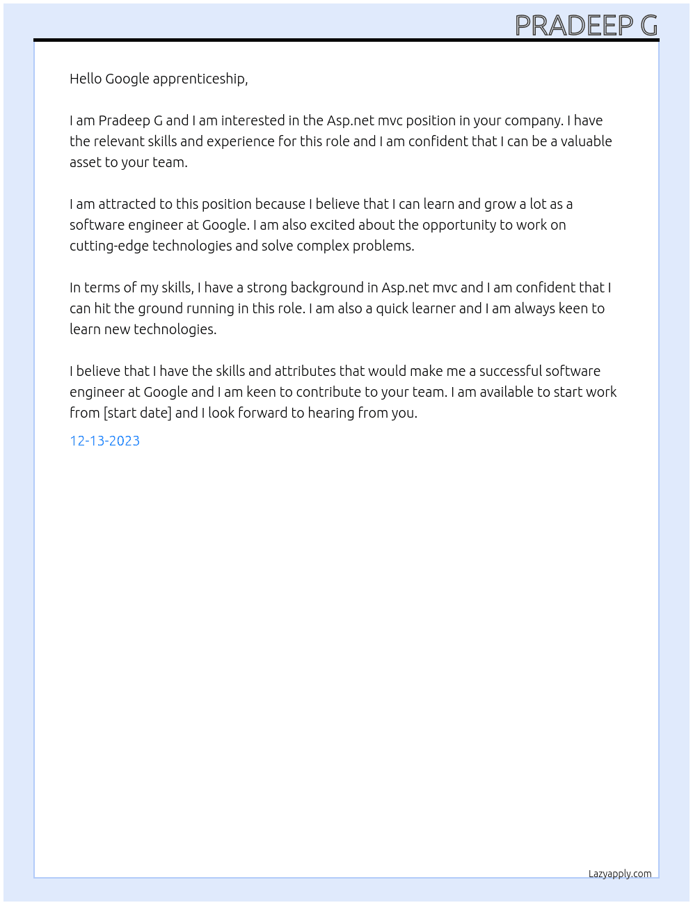 Asp.net mvc At Google apprenticeship  Cover Letter