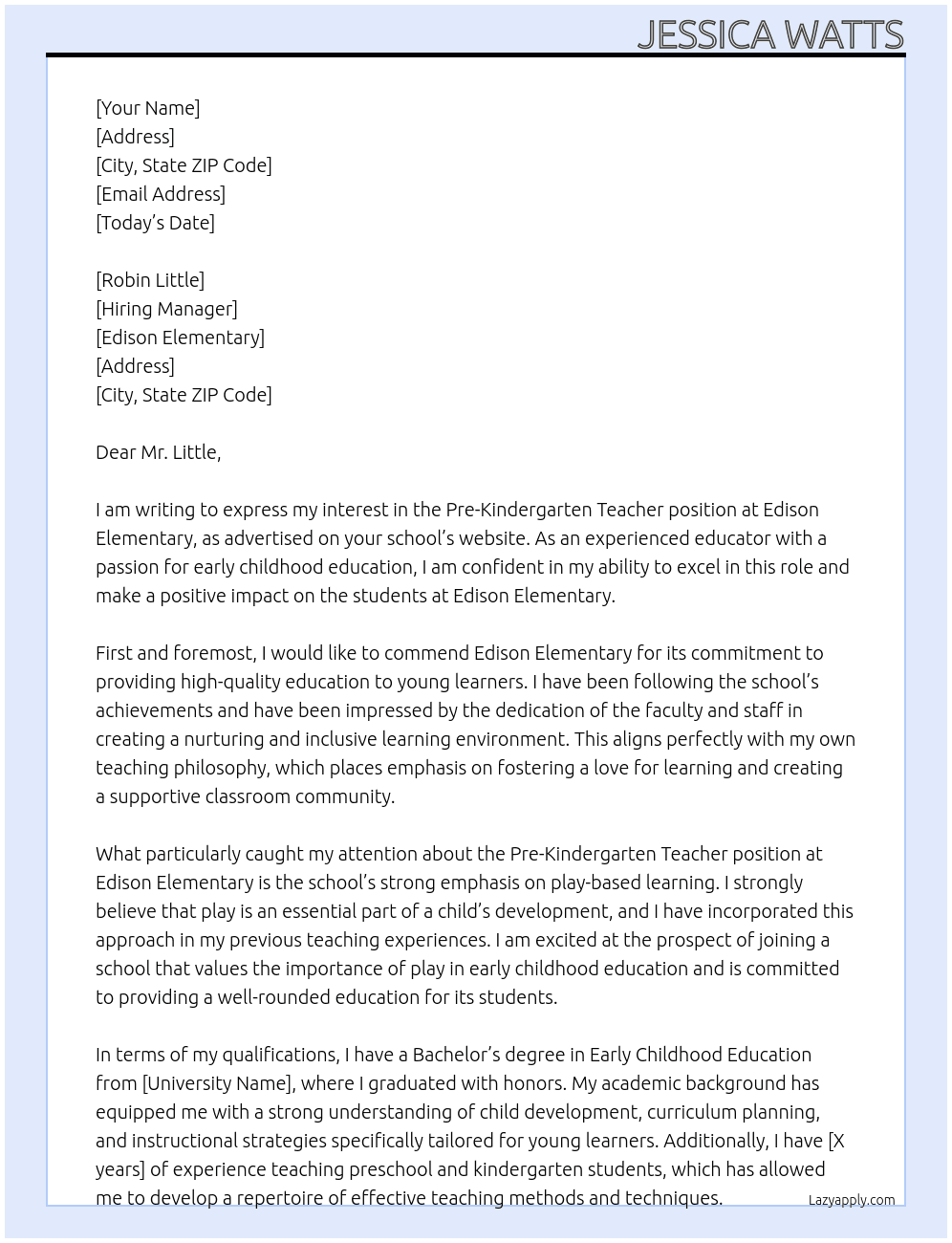 Pre-Kindergarten Teacher At Edison Elementary Cover Letter