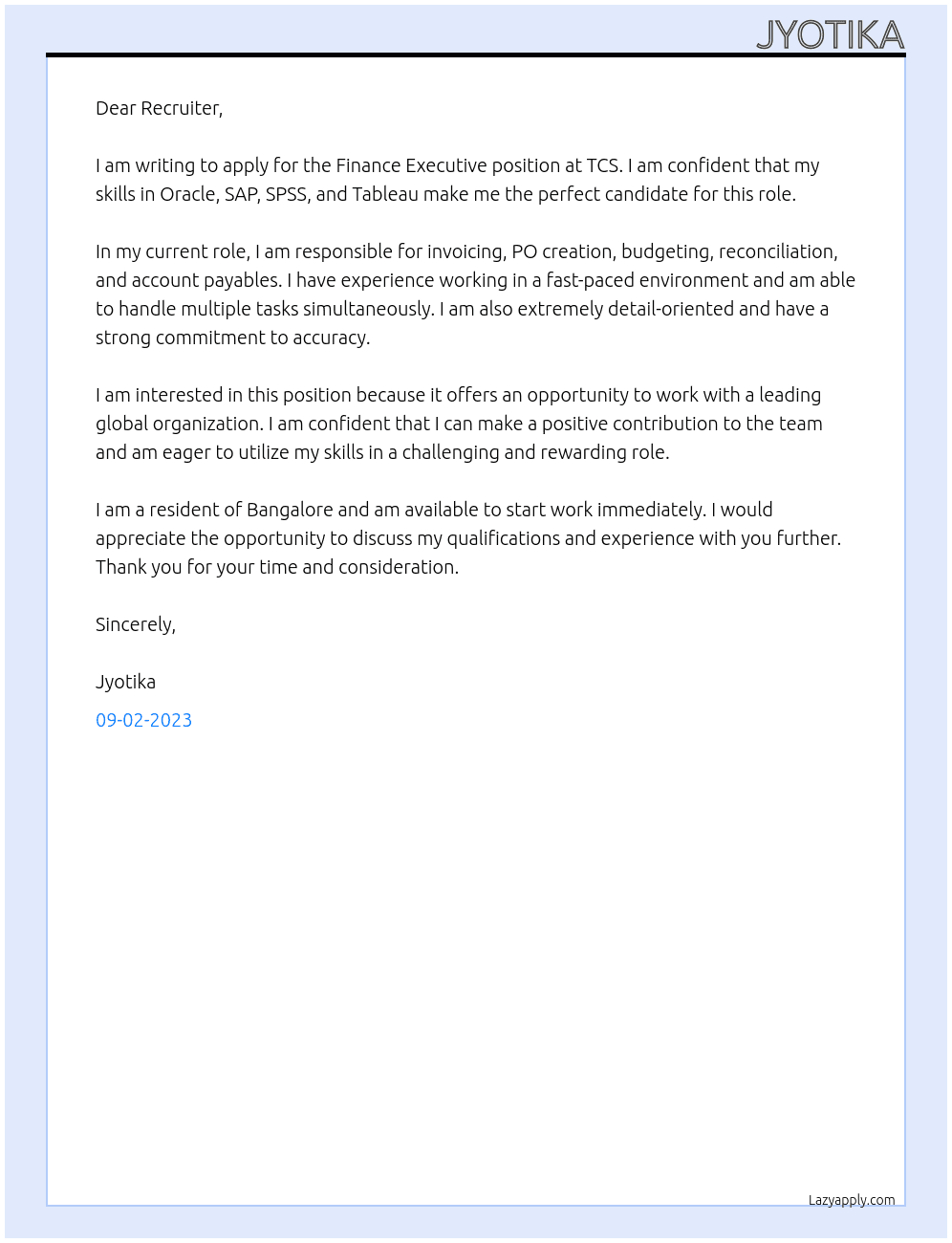 Finance Executive  At TCS  Cover Letter