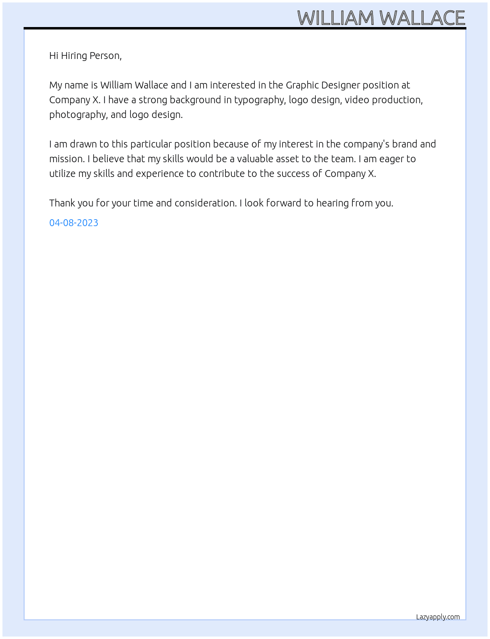 Graphic Designer At Company X Cover Letter