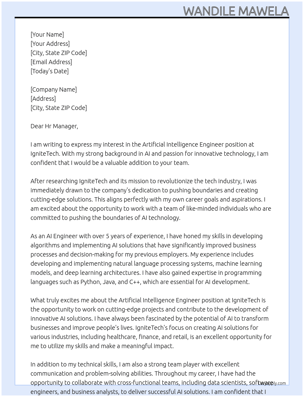 Artificial Intelligence Engineer At IgniteTech Cover Letter