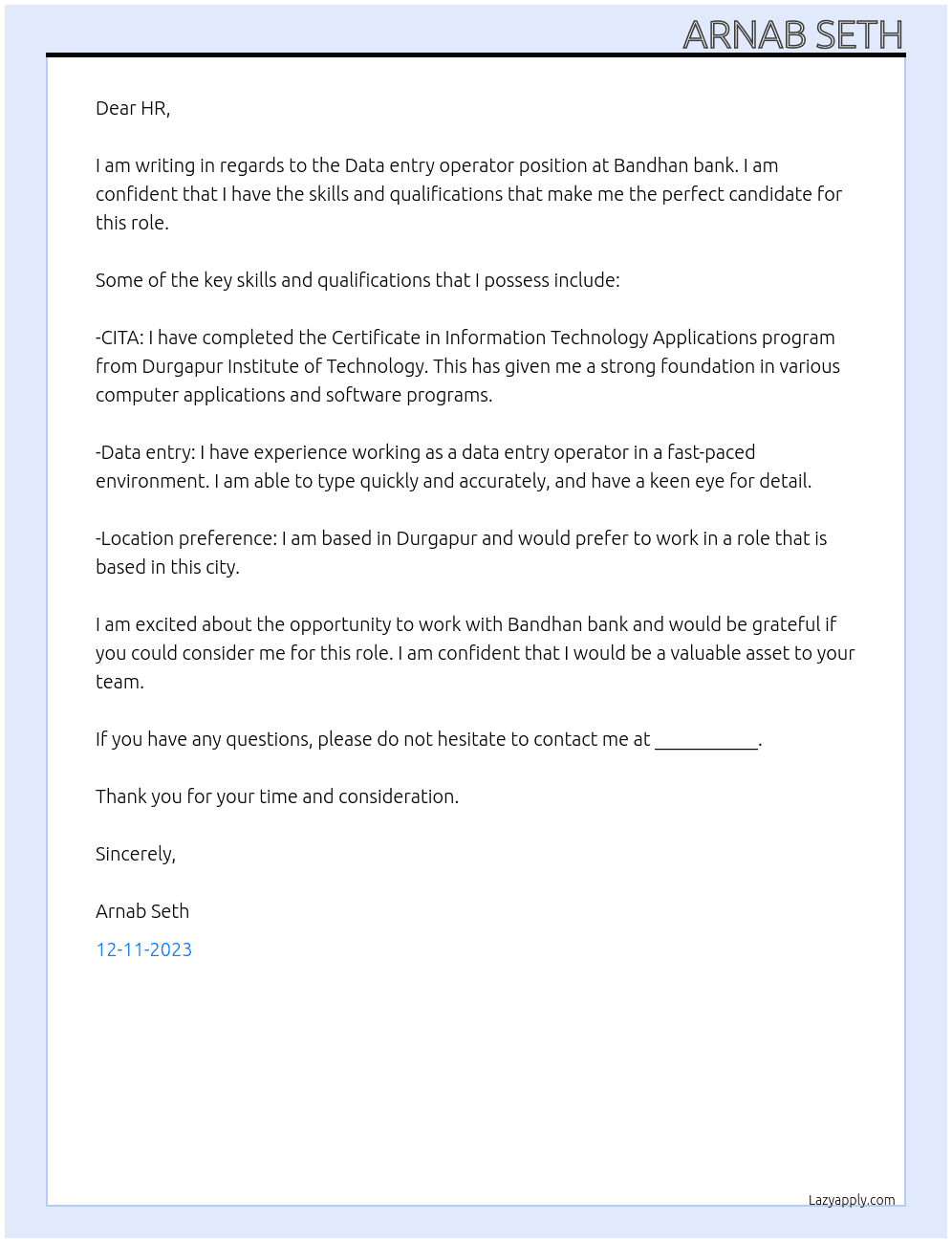 Data entry operator  At Bandhan bank Cover Letter