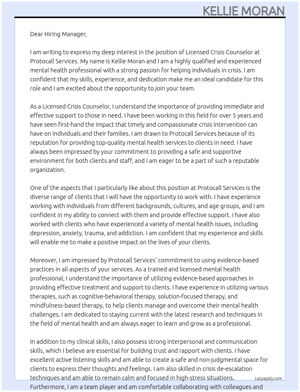 Licensed Crisis Counselor At Protocall Services Cover Letter