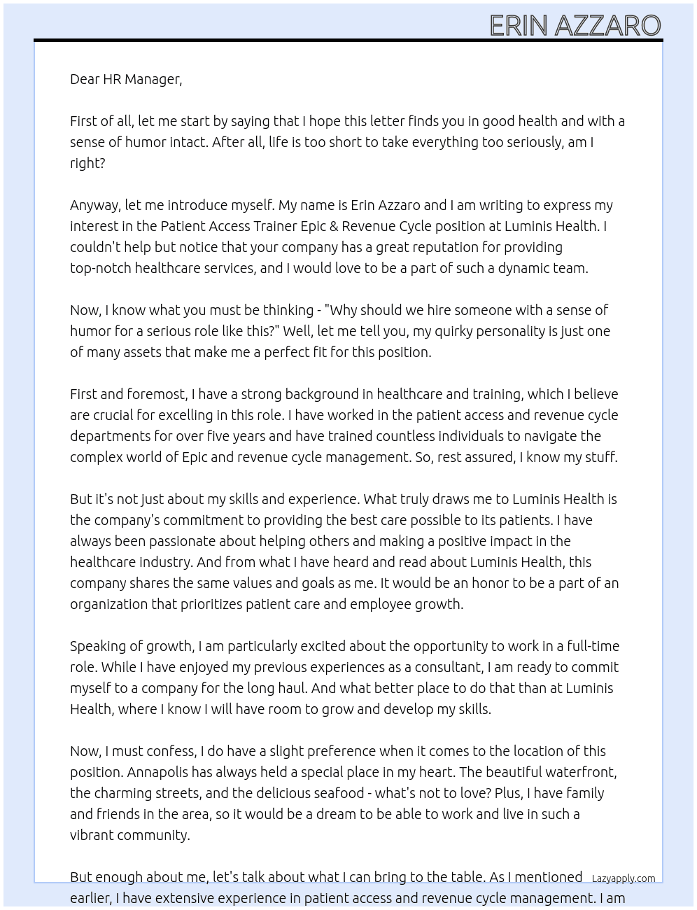 Patient Access Trainer Epic & Revenue Cycle At Luminis Health Cover Letter