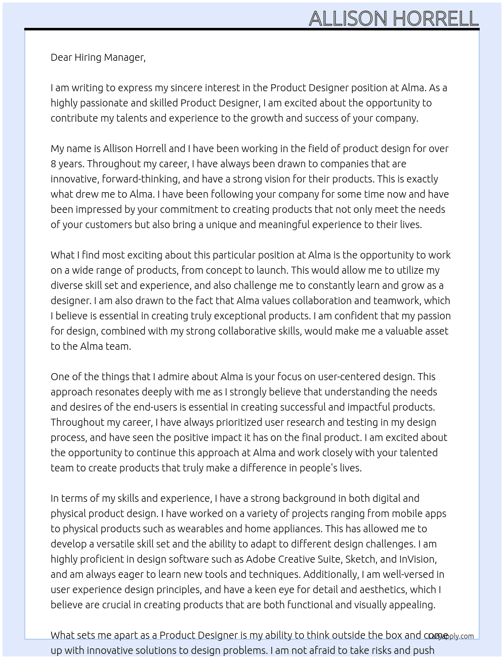 Product Designer At Alma Cover Letter