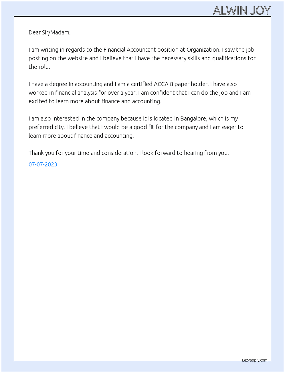 Financial Accountant  At Organization Cover Letter