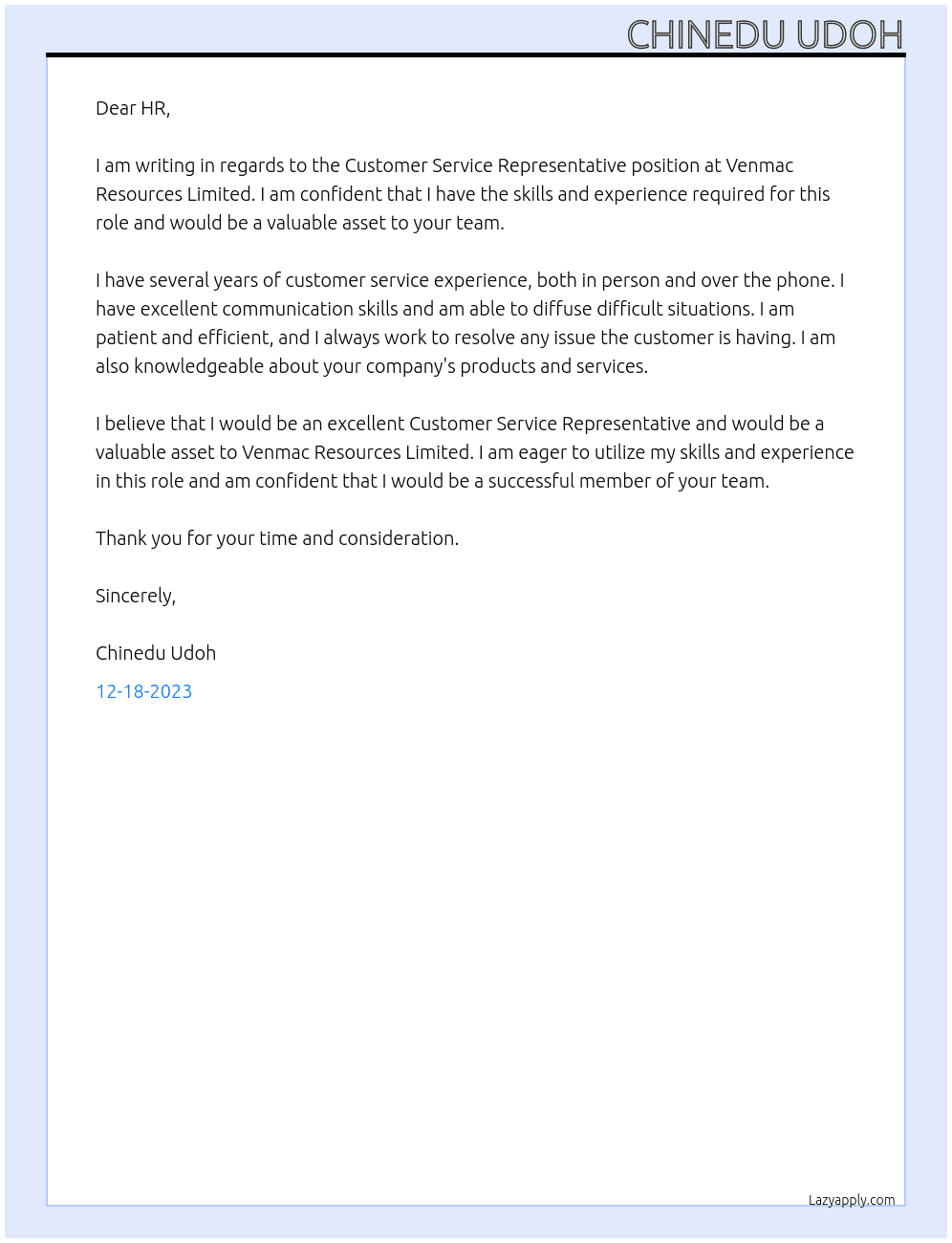 Customer Service Representative  At Venmac Resources Limited Cover Letter