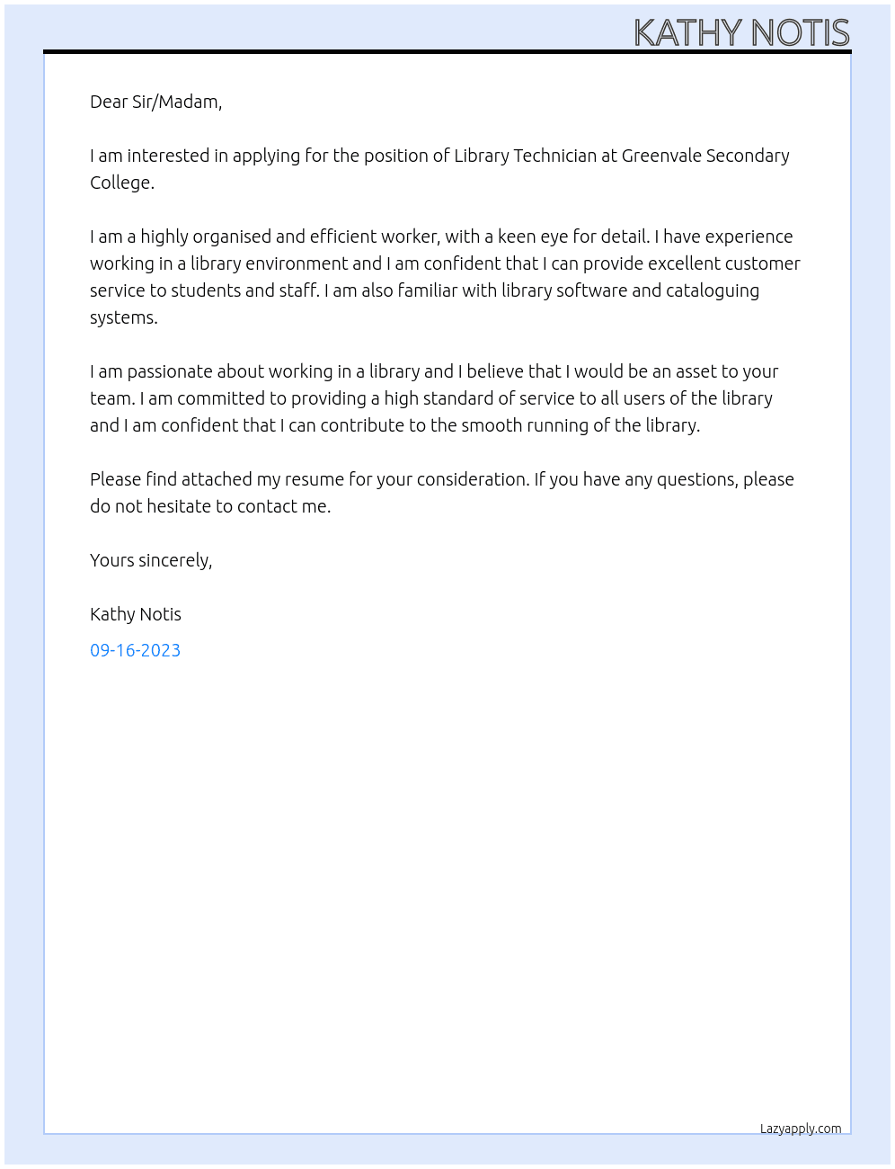 Library Technician At Greenvale Secondary College Cover Letter