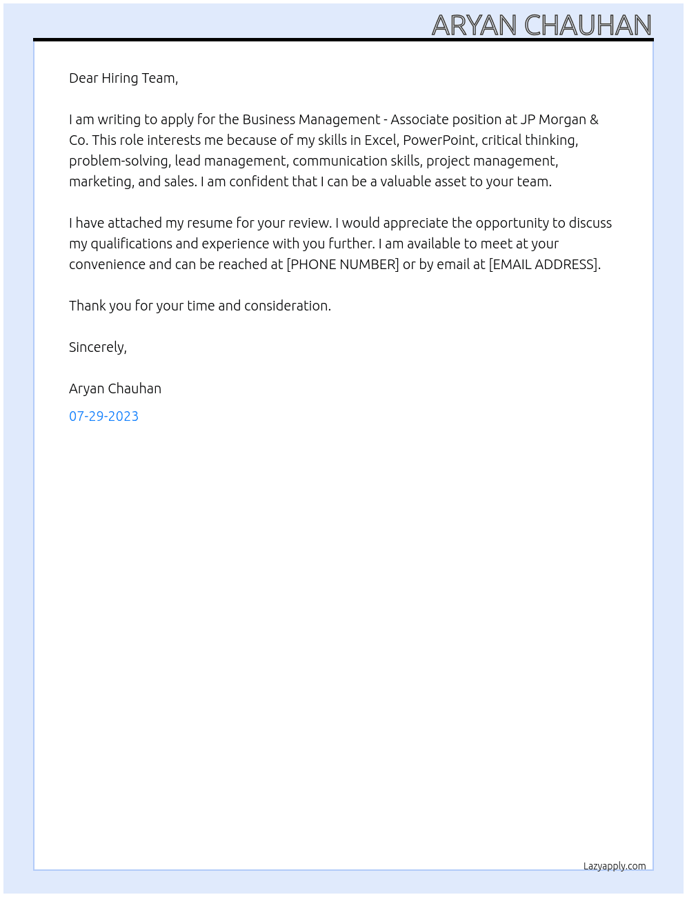 Business Management - Associate At JP Morgan & Co Cover Letter