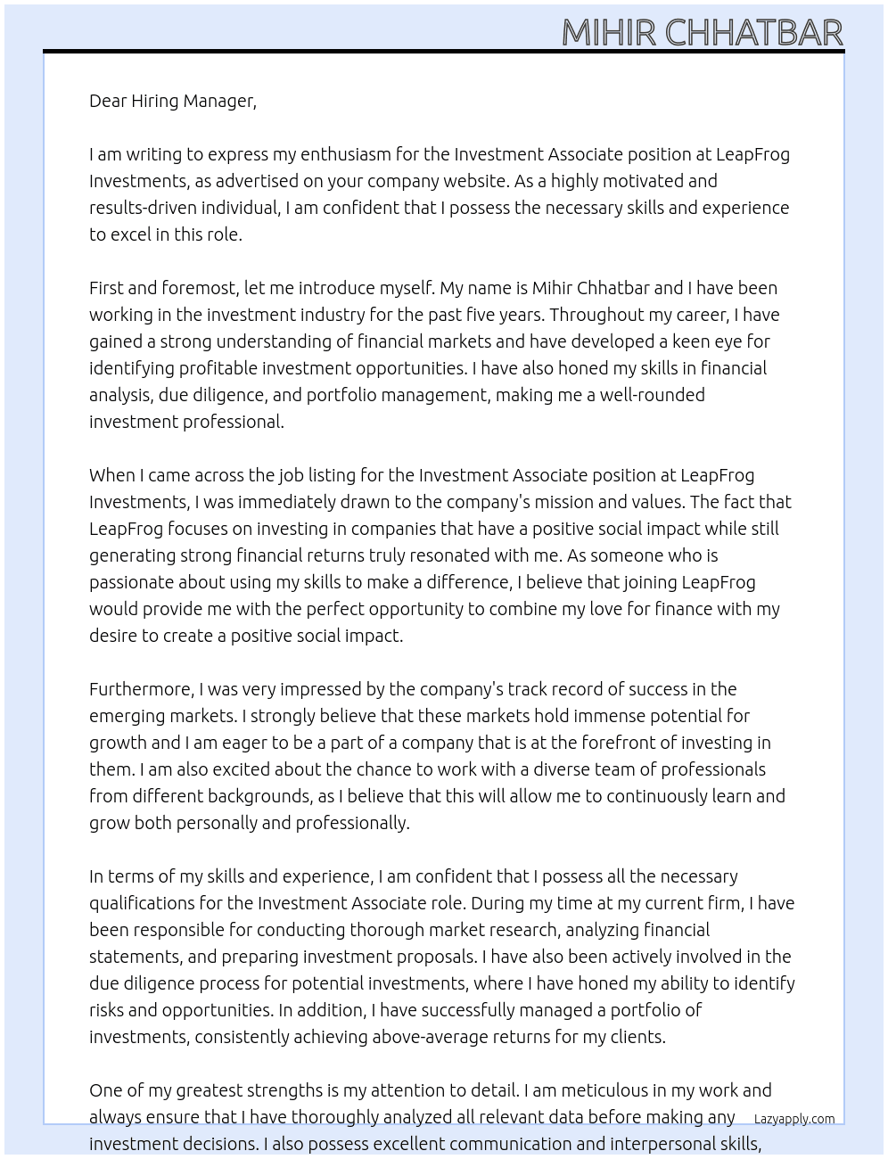 Investment Associate At LeapFrog Investments Cover Letter