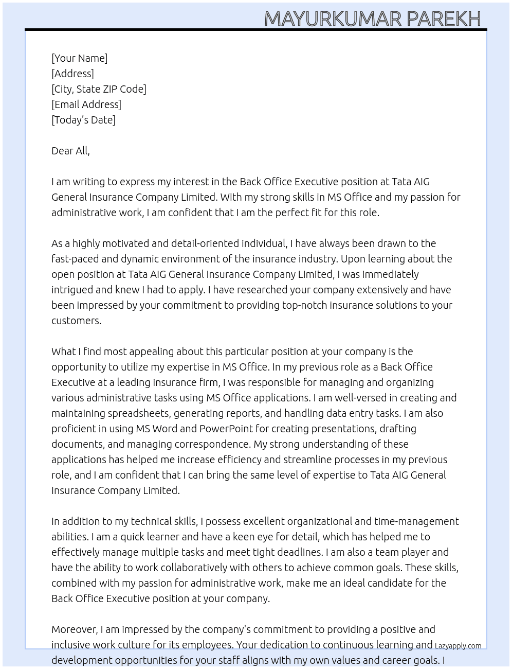 Back office Executive  At Tata AIG General insurance company limited  Cover Letter
