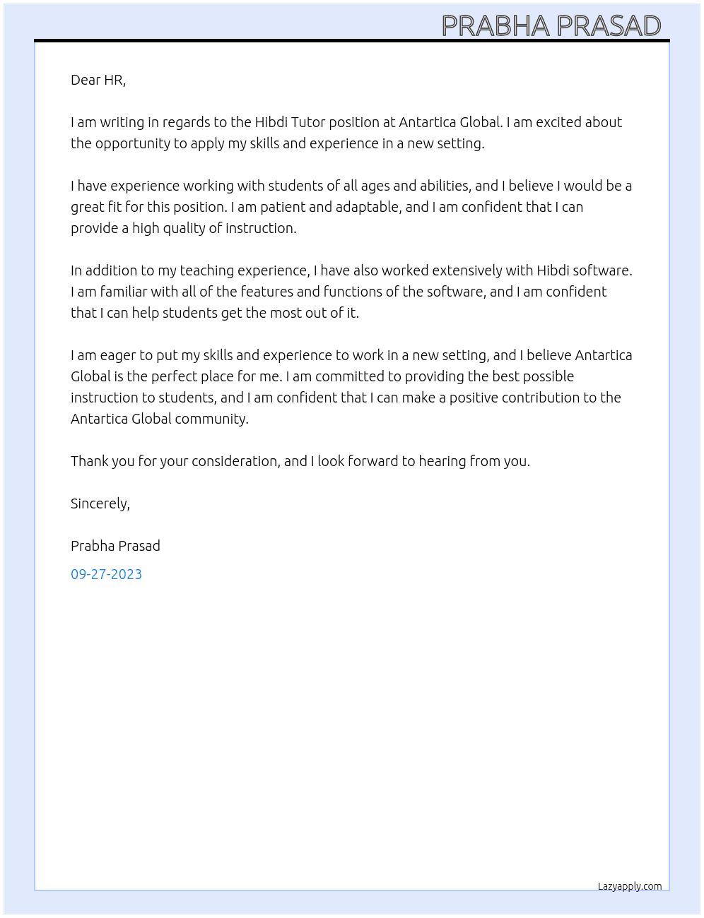 Hibdi Tutor At Antartica Global Cover Letter