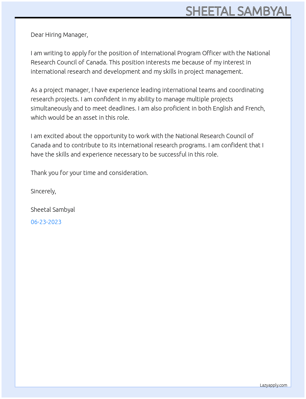 International program officer At National Research Council of Canada Cover Letter