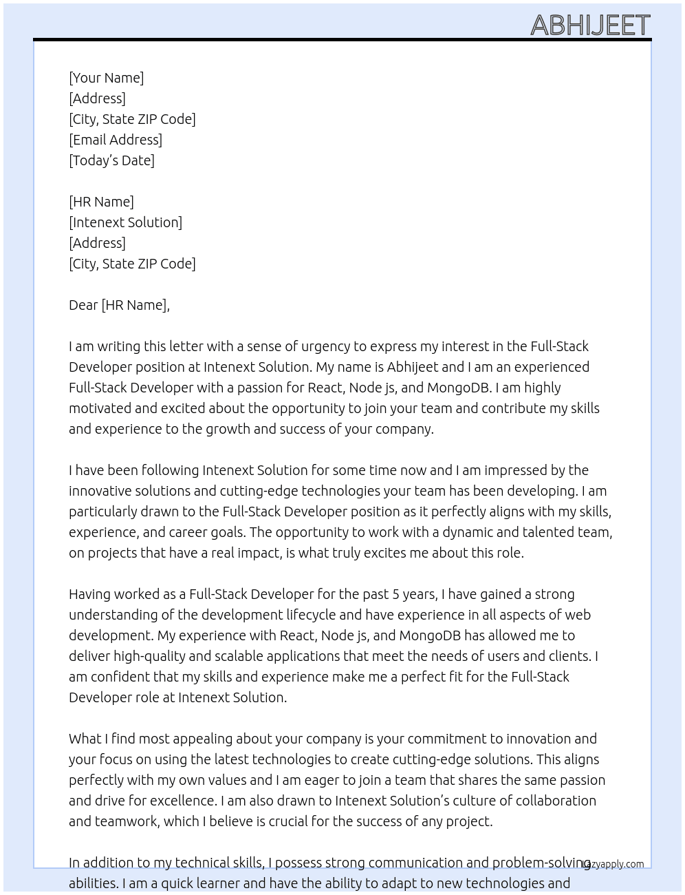Full-Stack Developer At intenext solution Cover Letter