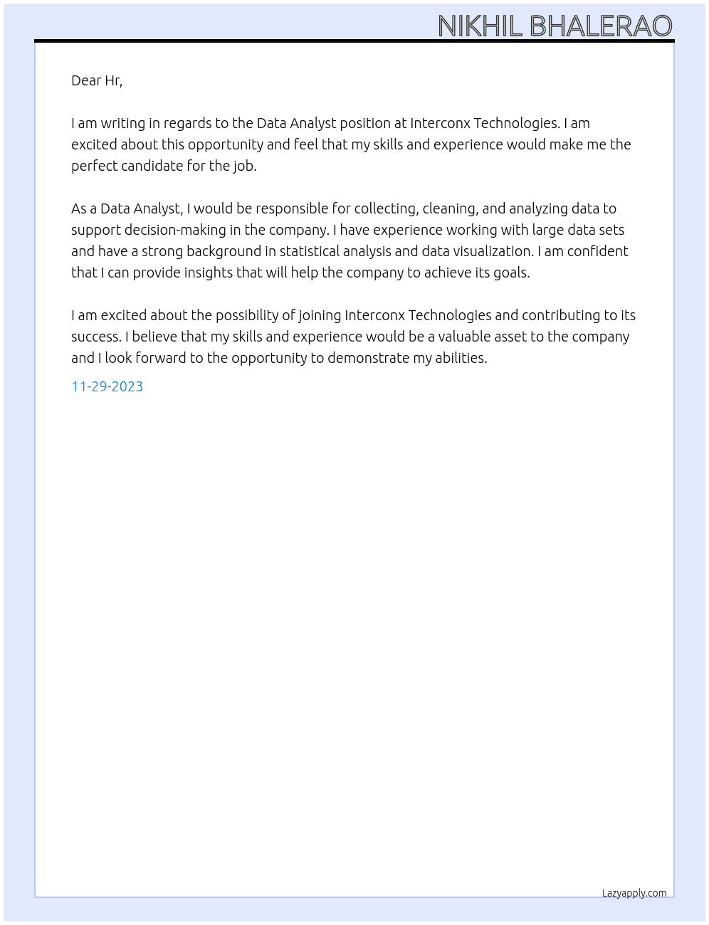 Data Analyst At Interconx Technologies Cover Letter