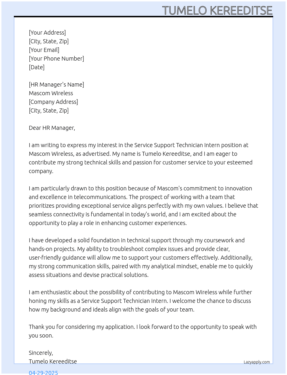 Service support technician intern At Mascom wirelèss Cover Letter