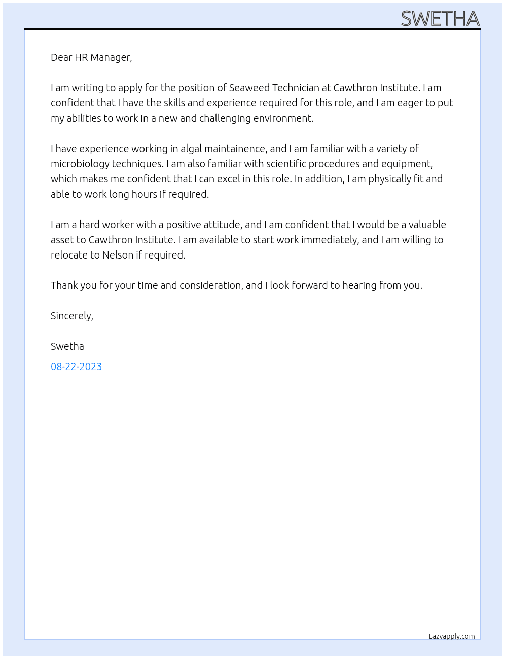 Seaweed Technician At Cawthron Institute Cover Letter