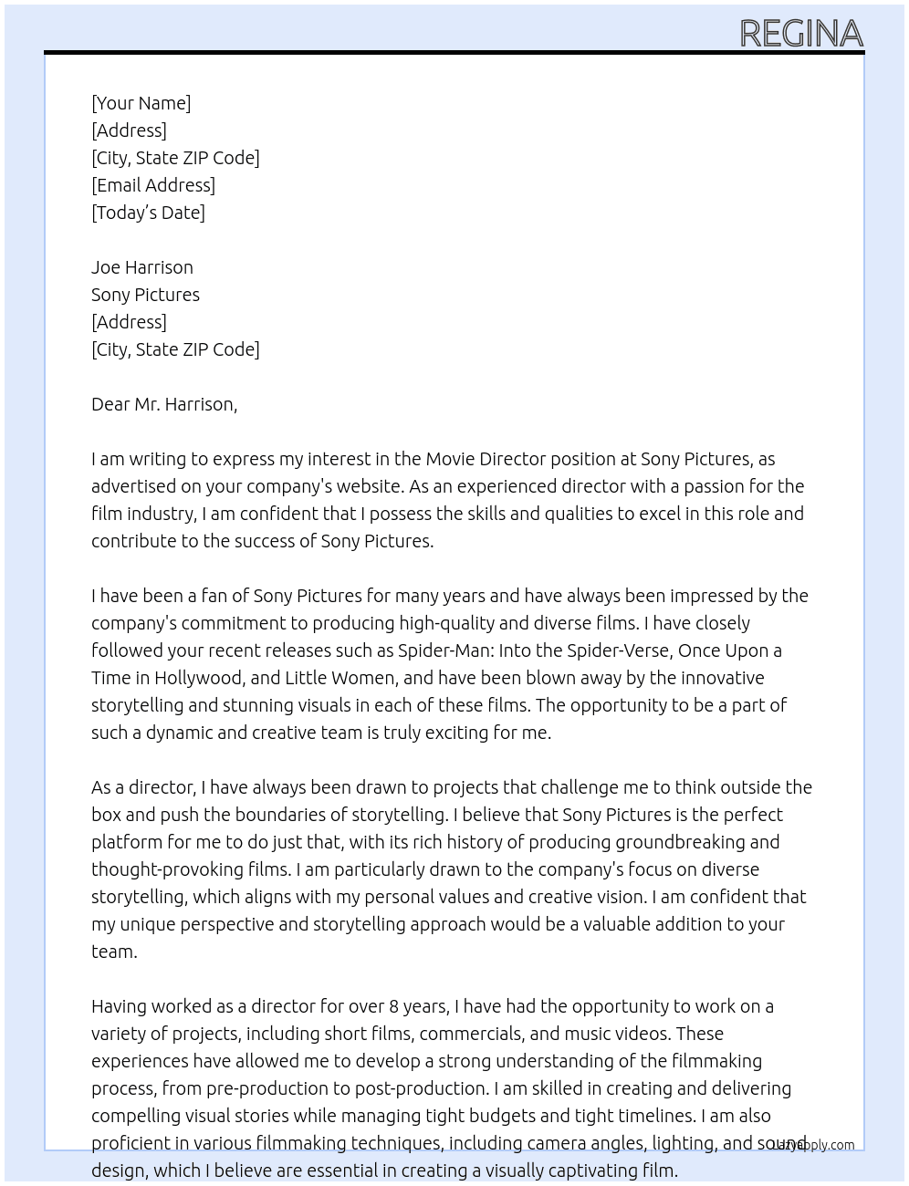 Movie Director At Sony Pictures Cover Letter