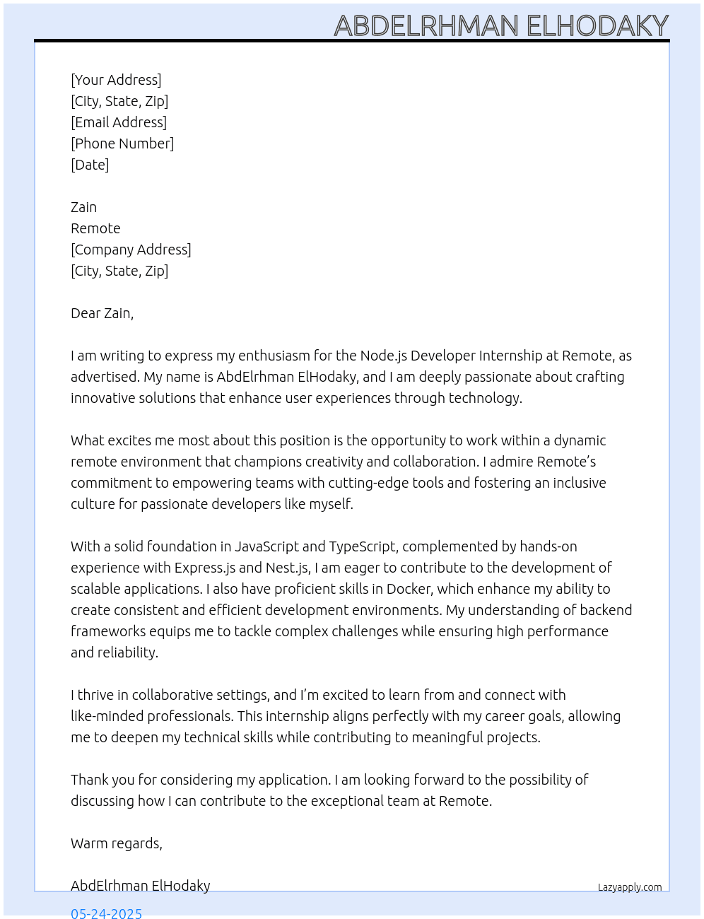 NodeJs developer  At Remote Cover Letter