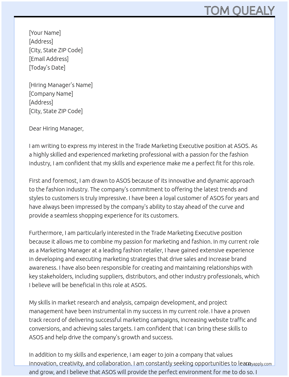 Trade Marketing Executive At ASOS Cover Letter