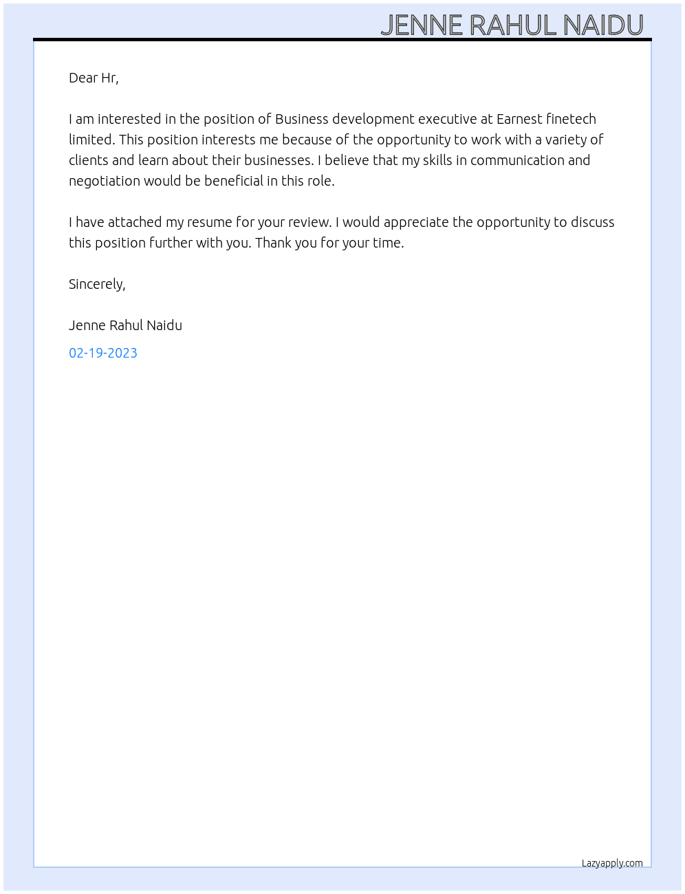 Business development executive  At Earnest finetech limited  Cover Letter