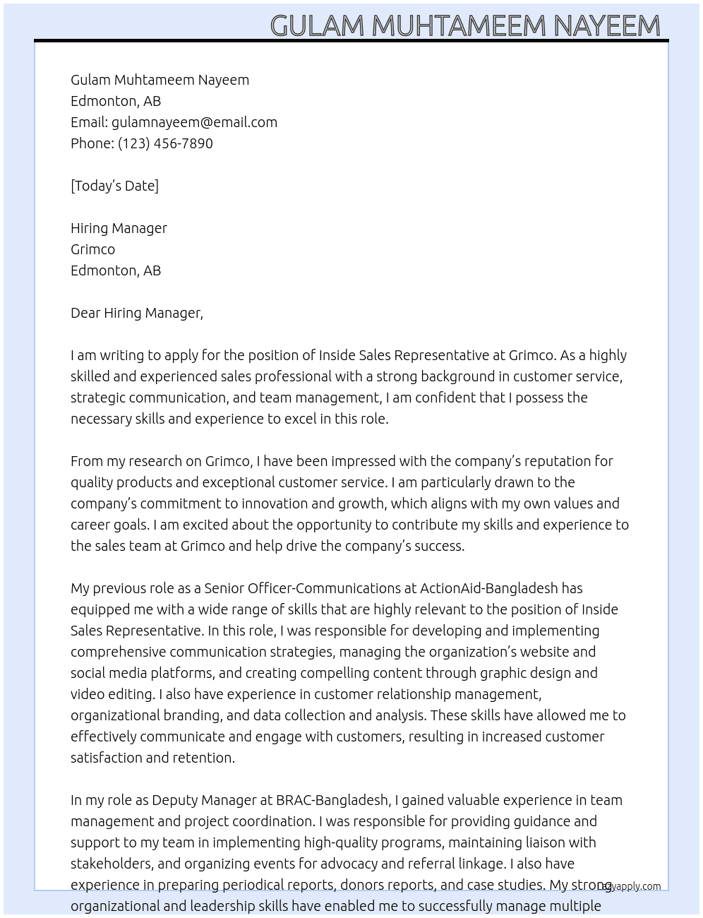 Inside Sales Representative  At Grimco Cover Letter