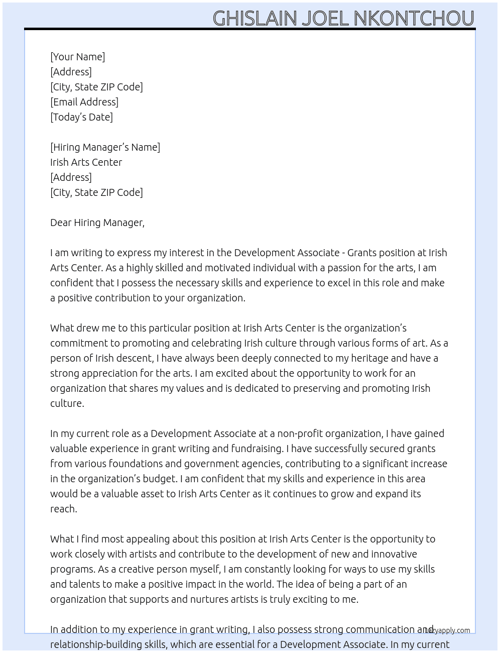 Development Associate - Grants At Irish Arts Center Cover Letter