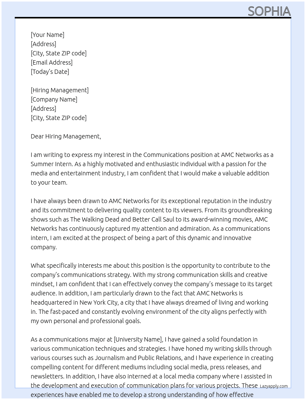 Communications At AMC Networks Cover Letter
