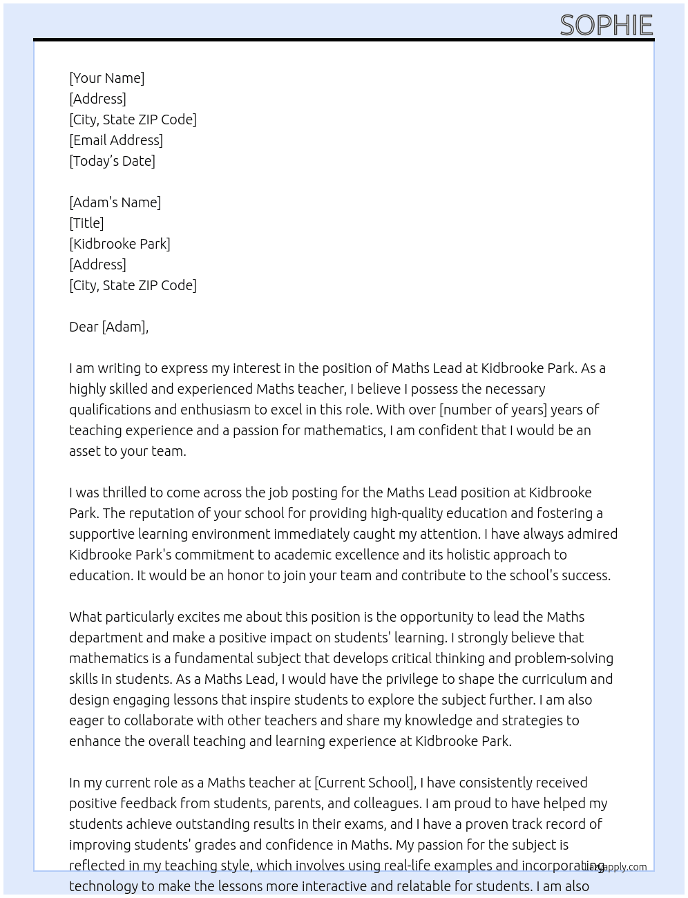 Maths lead At Kidbrooke Park Cover Letter