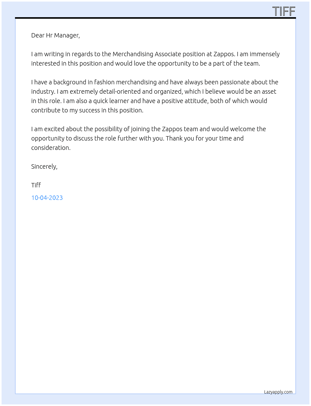 Merchandising Associate At Zappos Cover Letter