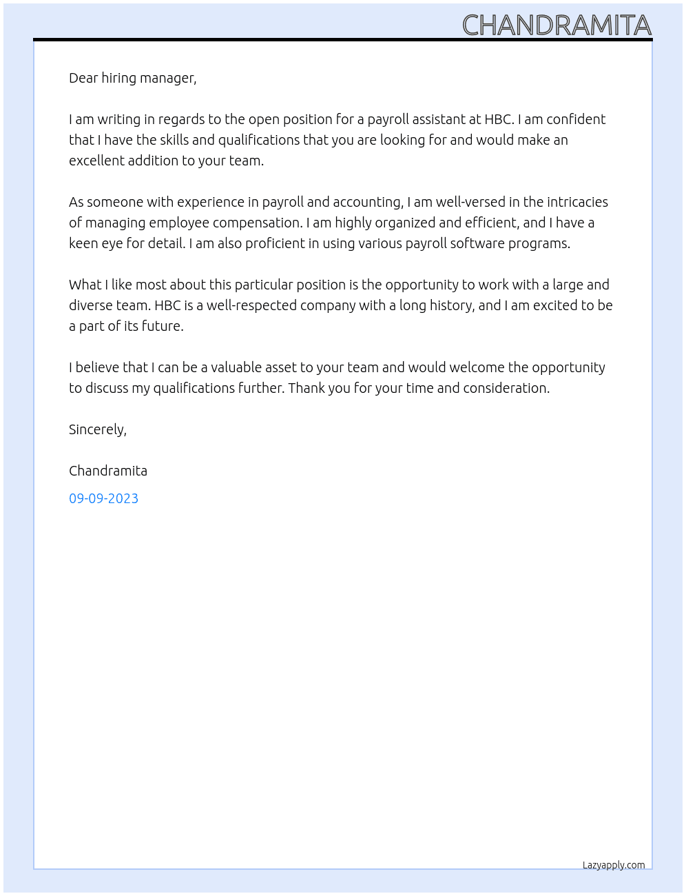 Payroll assistant At HBC Cover Letter