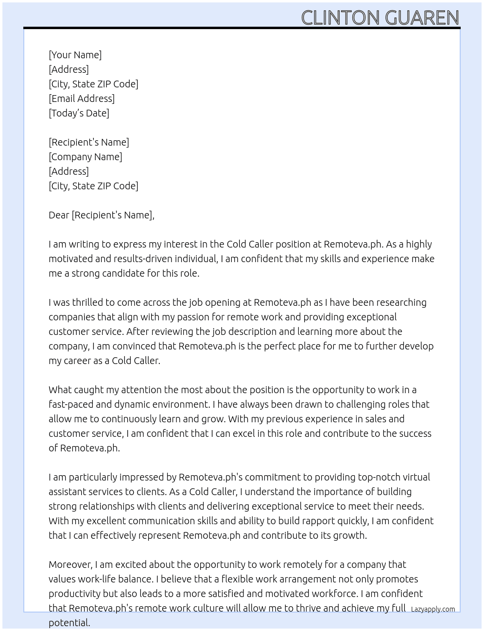 cold caller At Remoteva.ph Cover Letter