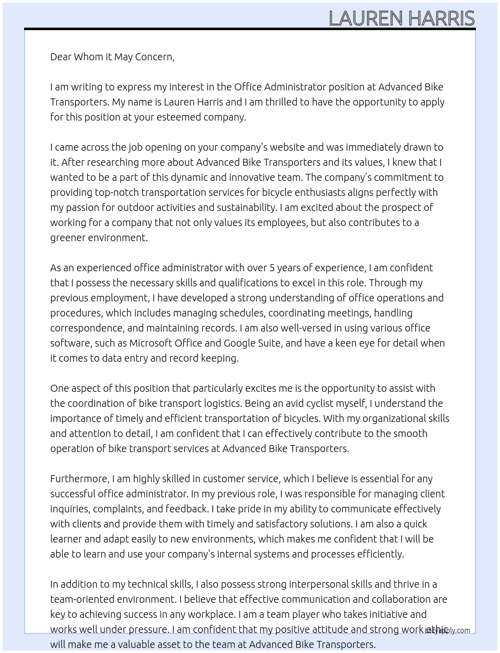 Office Administrator At Advanced Bike Transporters Cover Letter