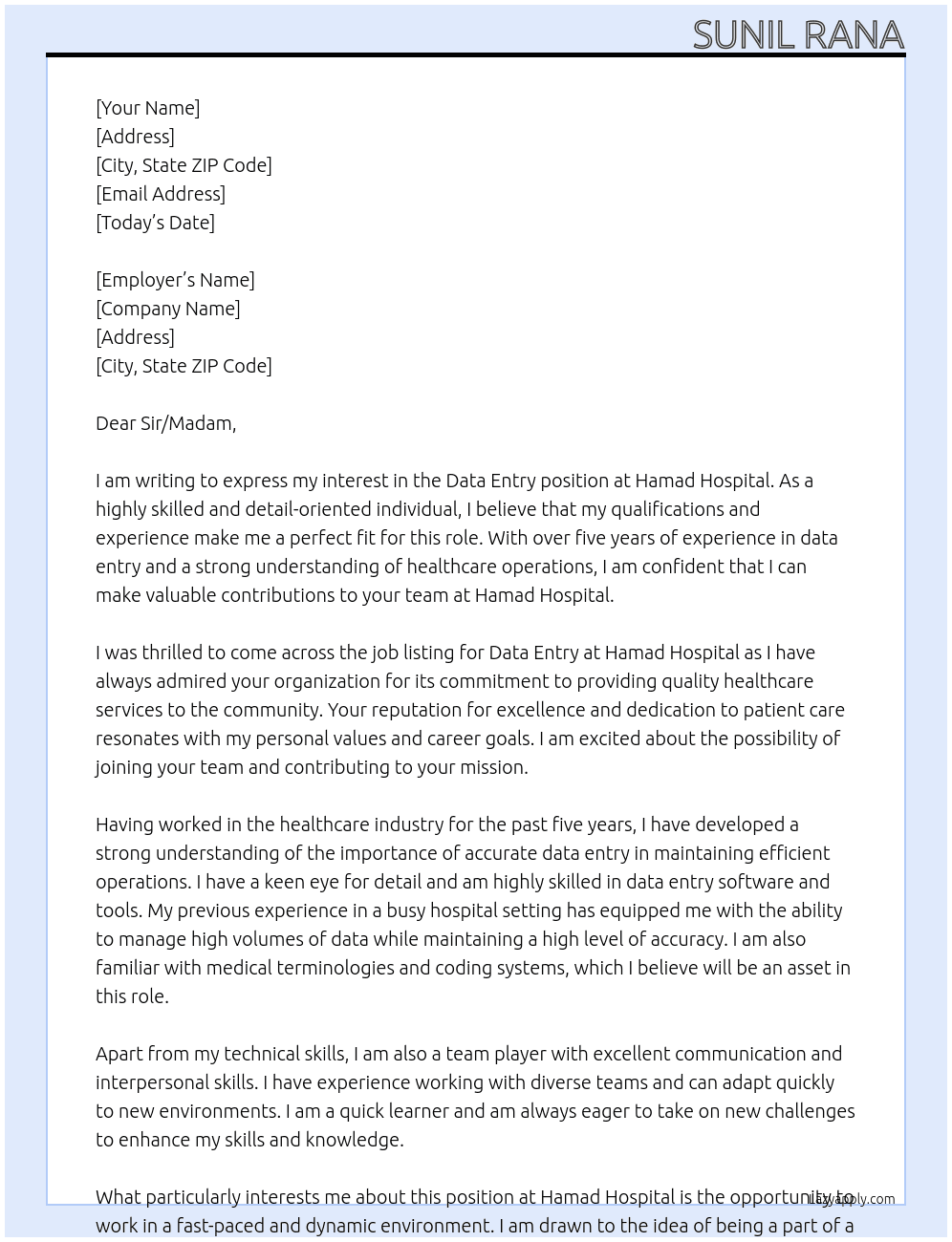 Data entry At Hamad Hospital Cover Letter