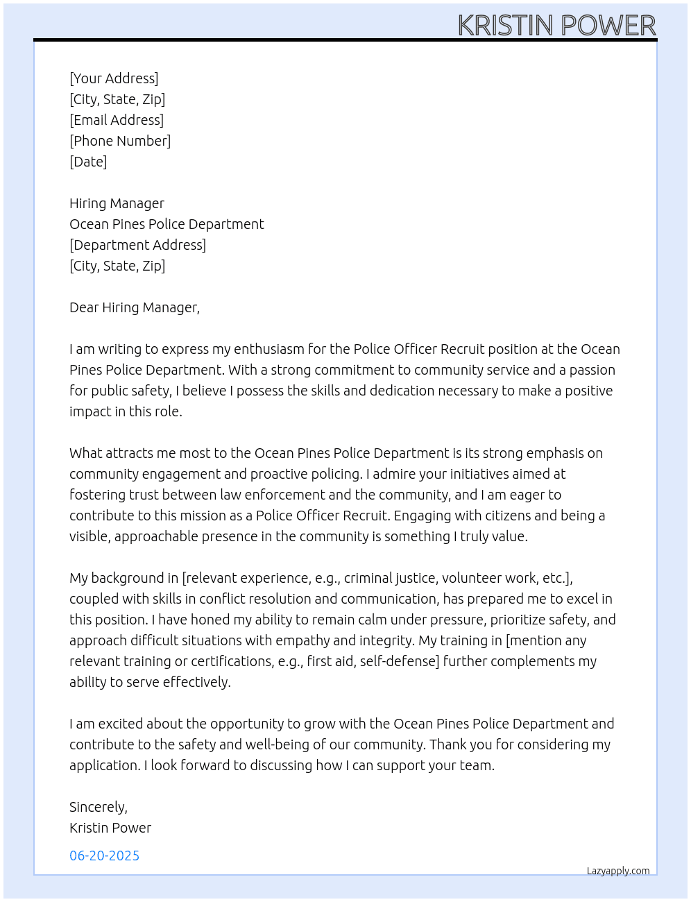 Police Officer Recruit At Ocean Pines Police Department Cover Letter