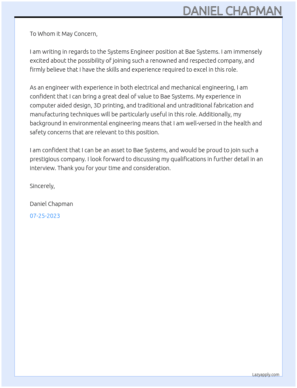 Systems engineer At Bae systems Cover Letter